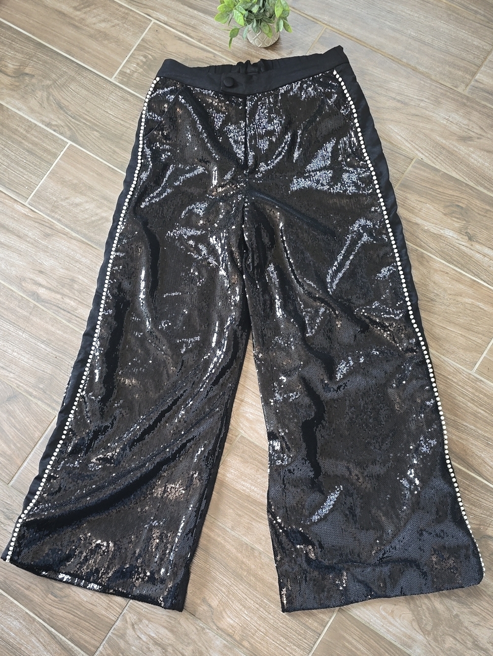 🖤Black Sequin Wide-Leg Pants with Side Pearl Trim Zipper On Front Elastic Waist